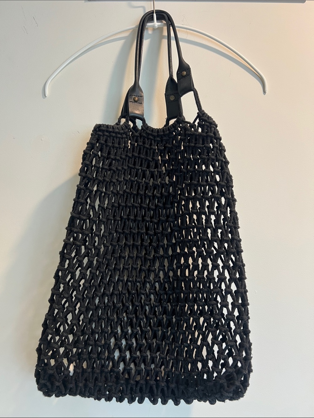 Black Crocheted Tote with Leather Handles